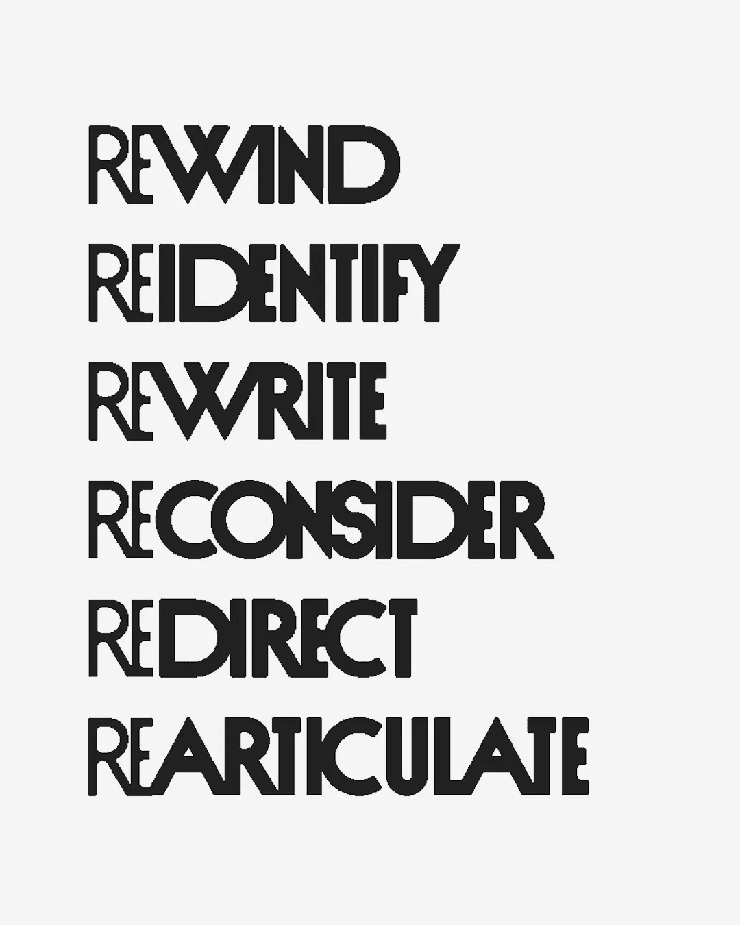Wordplay graphic reading REWIND, REIDENTIFY, REWRITE, RECONSIDER, REDIRECT, REARTICULATE